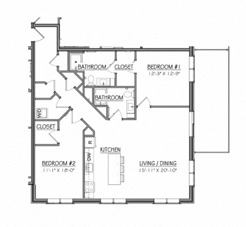 Floor plan for 2 beds, 2 baths, 1240 sqft